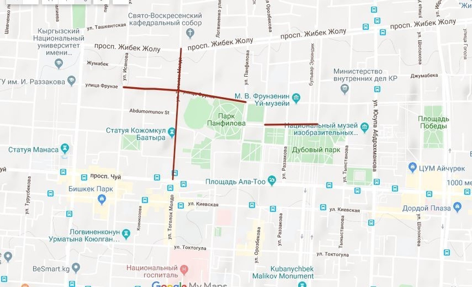 В связи с футбольным матчем Кыргызстан-Япония будут перекрыты некоторые улицы Бишкека. Карта — Today.kg
